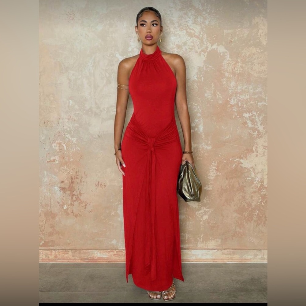 Red Halter Bodycon Backless Red Maxi Dress Medium